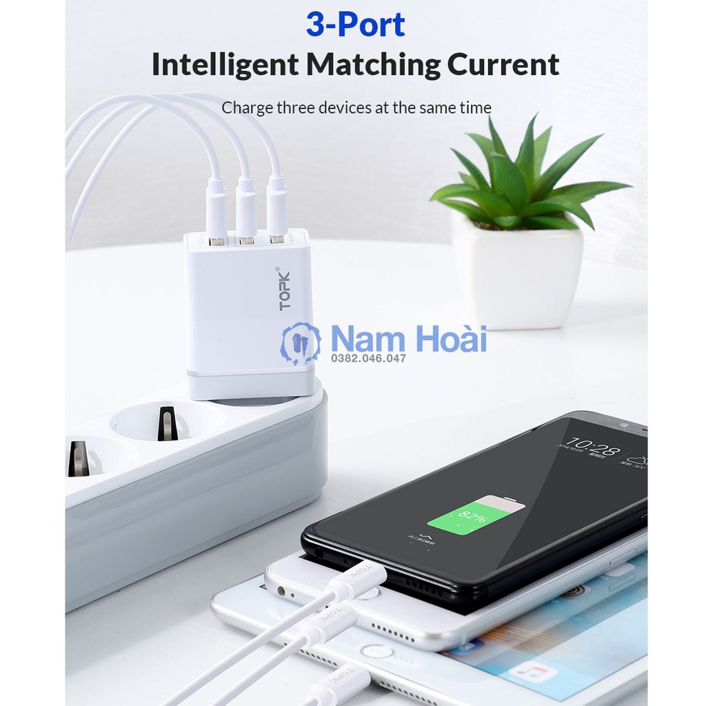 Cốc Sạc Nhanh QC 3.0 CHÍNH HÃNG TOPK B348Q 3 Cổng USB 3.0 Tiện Dụng Chất Lượng Cao