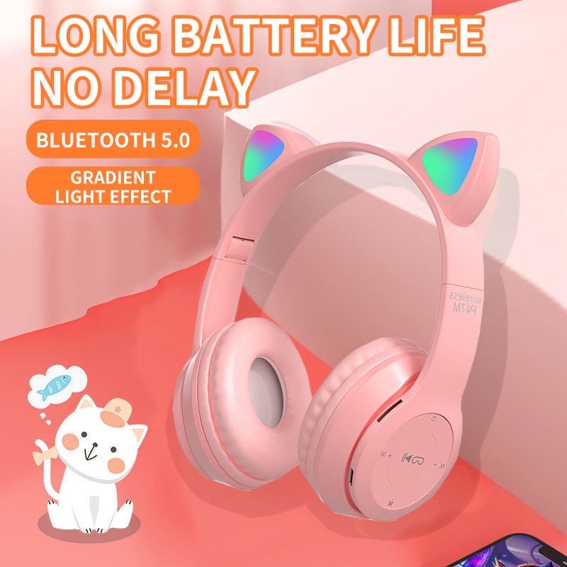 Tai Nghe Mèo P47M. Mz47 Bluetooth Chụp Tai , Headphone P47m Dễ Thương Có Mic,Âm Bass Mạnh Mẽ Dung Lượng Pin Trâu