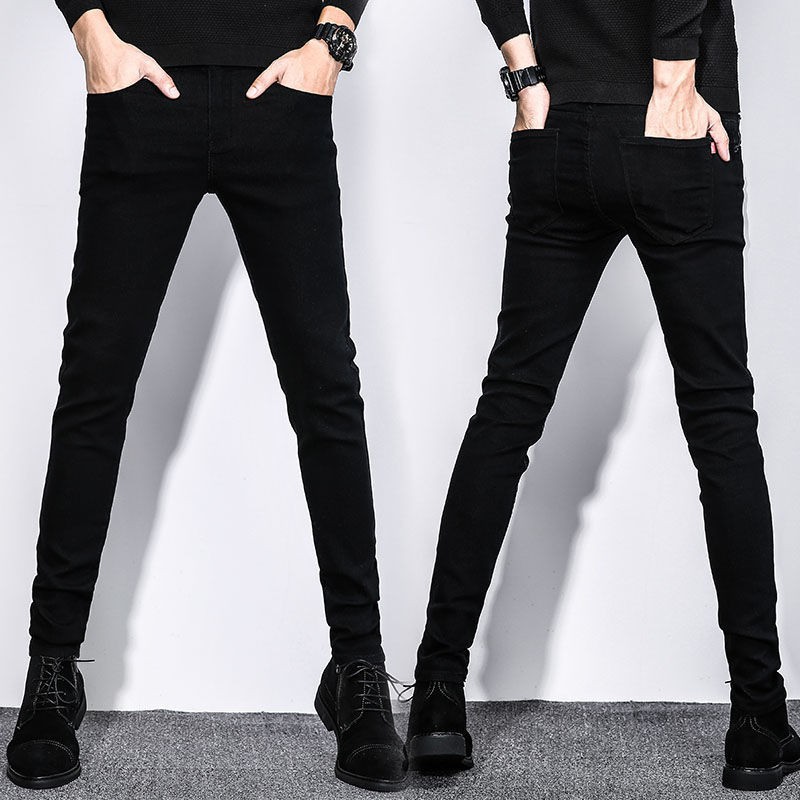 Quần jean mỏng phù hợp với màu đen của Hàn Quốc Nam giới Slim Fit Skinny Jeans Nam Jeans dài Denim Seluar Jeans