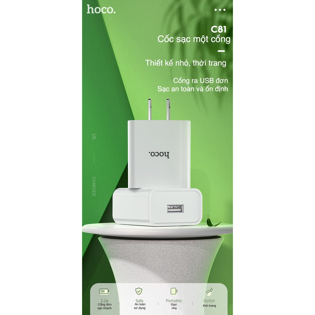 Củ sạc Hoco C81 sạc nhanh 2.1A 1 cổng sạc USB chất liệu PVC an toàn dành cho iPhone Samsung Huawei Xiaomi Oppo