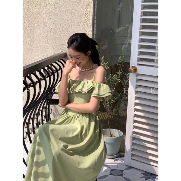 (Có BigSize) Đầm Váy Midi 2 Dây Trễ Vai Bèo
