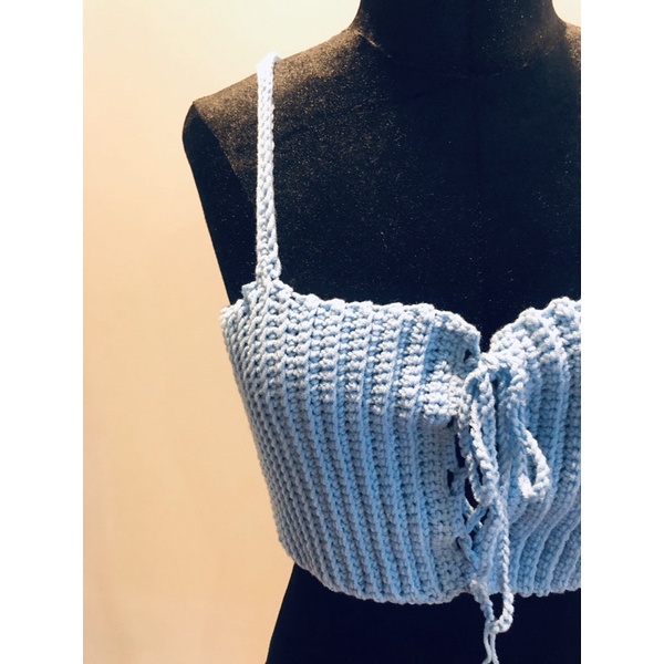 Áo croptop áo hai dây len móc thắt nơ ngực xanh thiên thanh