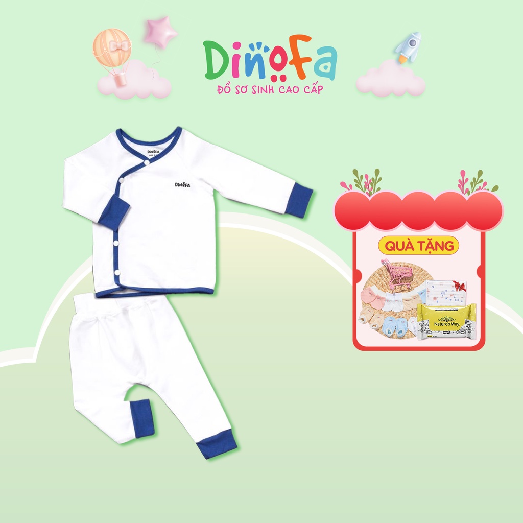 Set quần áo sơ sinh DINOFA dài tay 0-6m cúc chéo, màu trắng viền xanh than, thấm hút tốt
