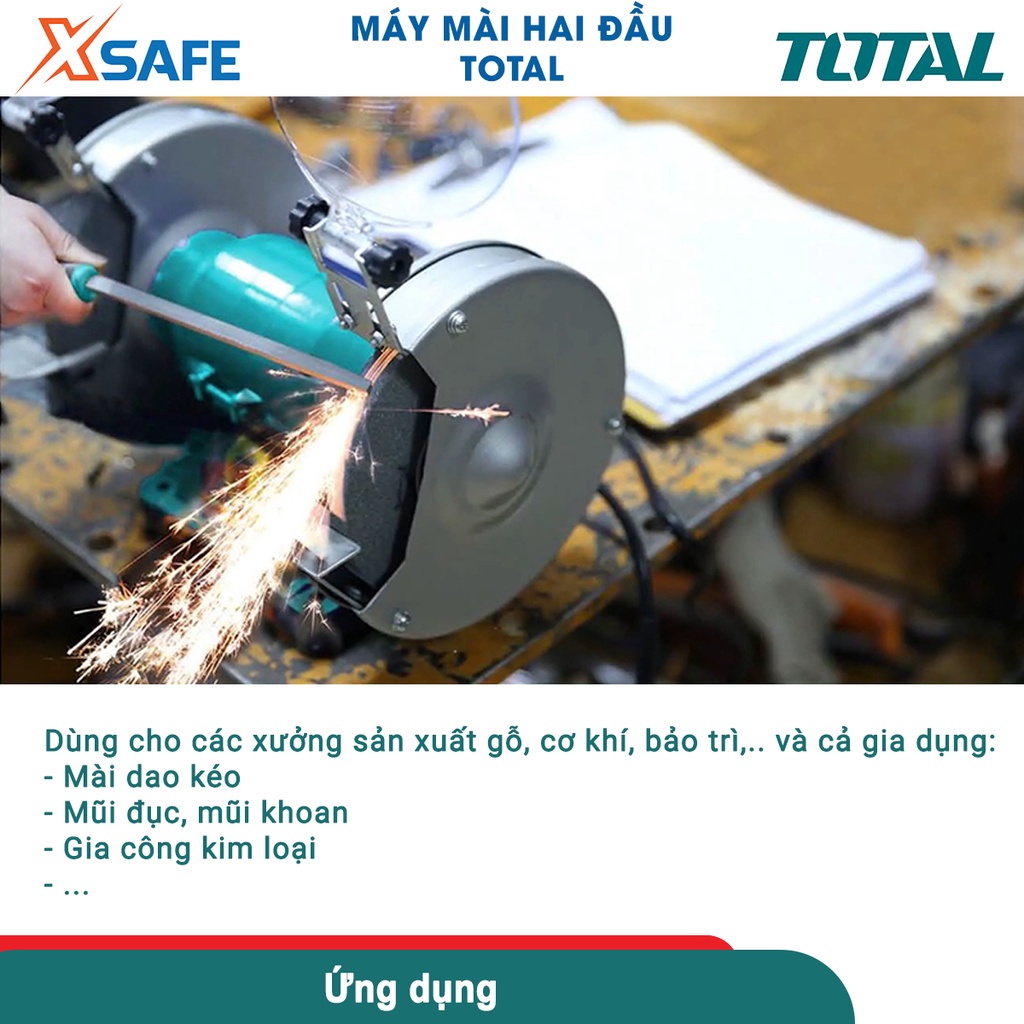 Máy mài 2 đá TOTAL TBG35020 350W kích thước đá mài 200mm, tốc độ không tải 2950v/p, kèm 1 bộ nắp che chắn - chính hãng