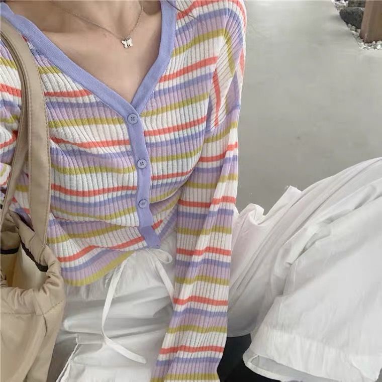 Áo Cardigan Dệt Kim Tay Dài Kẻ Sọc Thời Trang Xuân Hè Cho Nữ 2021