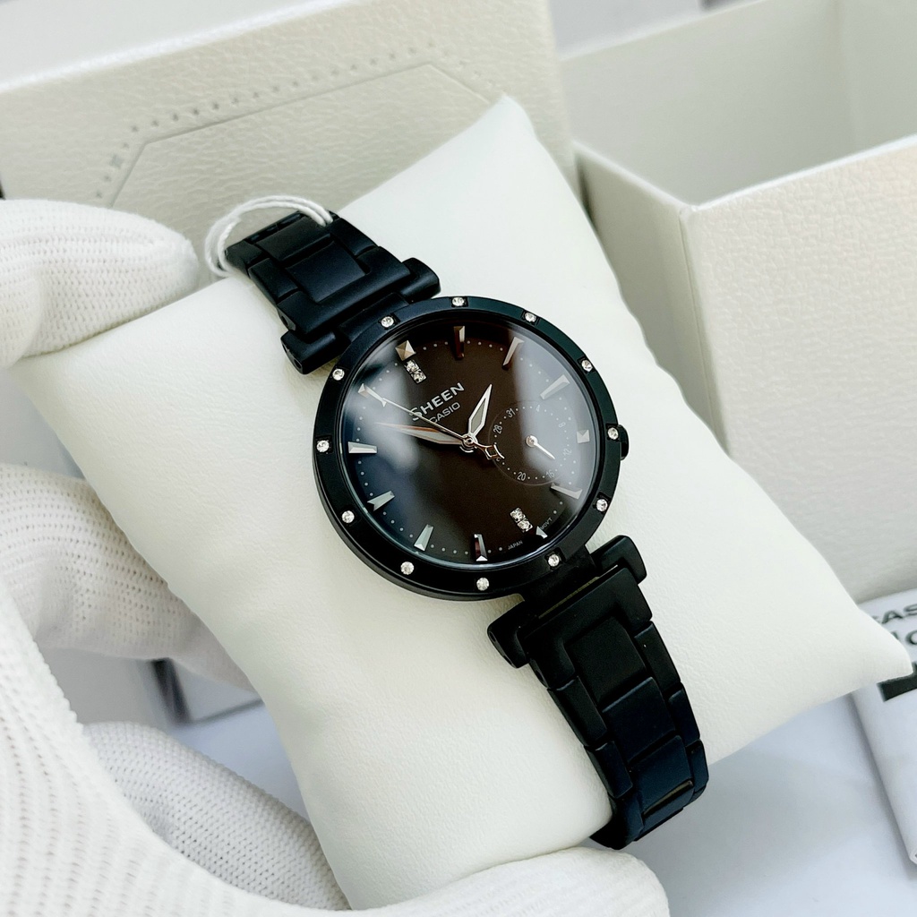 Đồng hồ nữ cao cấp Casio Sheen 4051BD Dây thép mạ ion đen mặt kính khoáng đính đá Bảo hành 1 năm Hyma watch