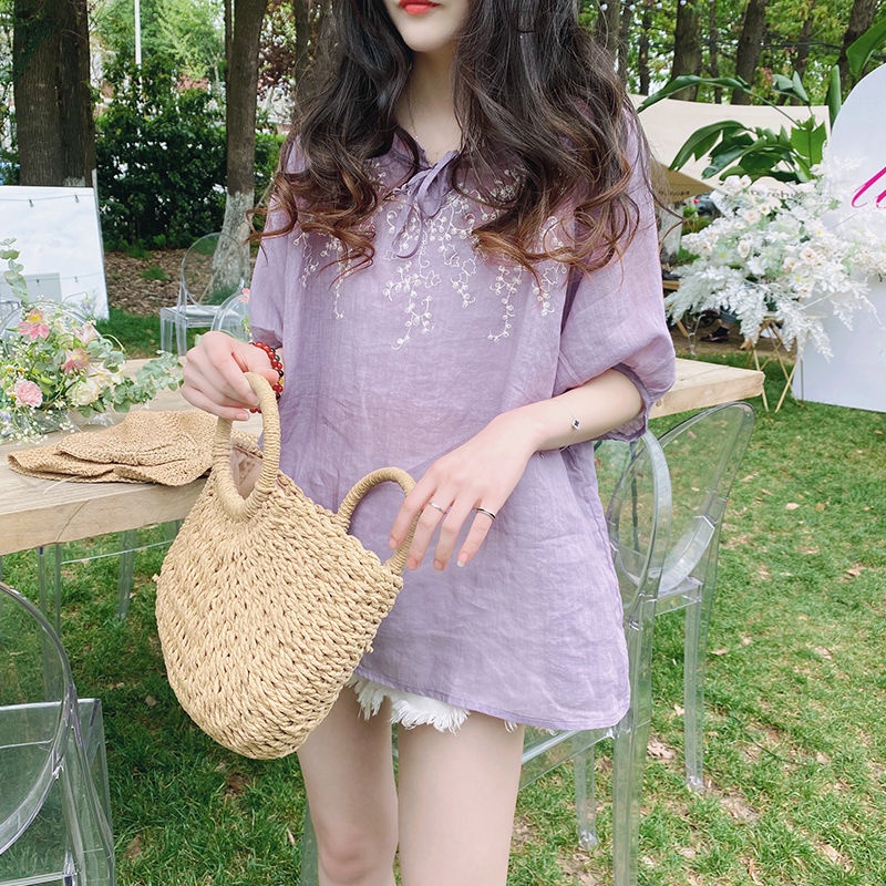 Áo Sơ Mi Dáng Rộng Cổ Tròn Thêu Họa Tiết Thời Trang Mùa Hè Hàn Quốc Mới Cho Nữ