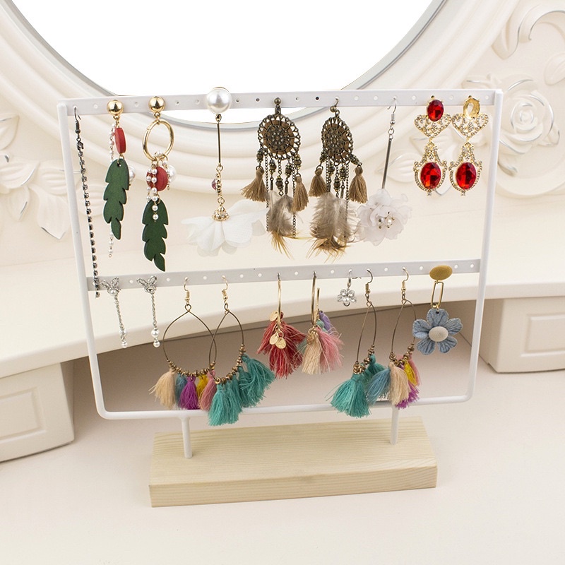 Kệ treo bông tai móc treo đồ trang sức bằng gỗ sắt rèn đồ trang sức vòng cổ hoa tai giá kệ trưng bày 24 lỗ đen và trắng