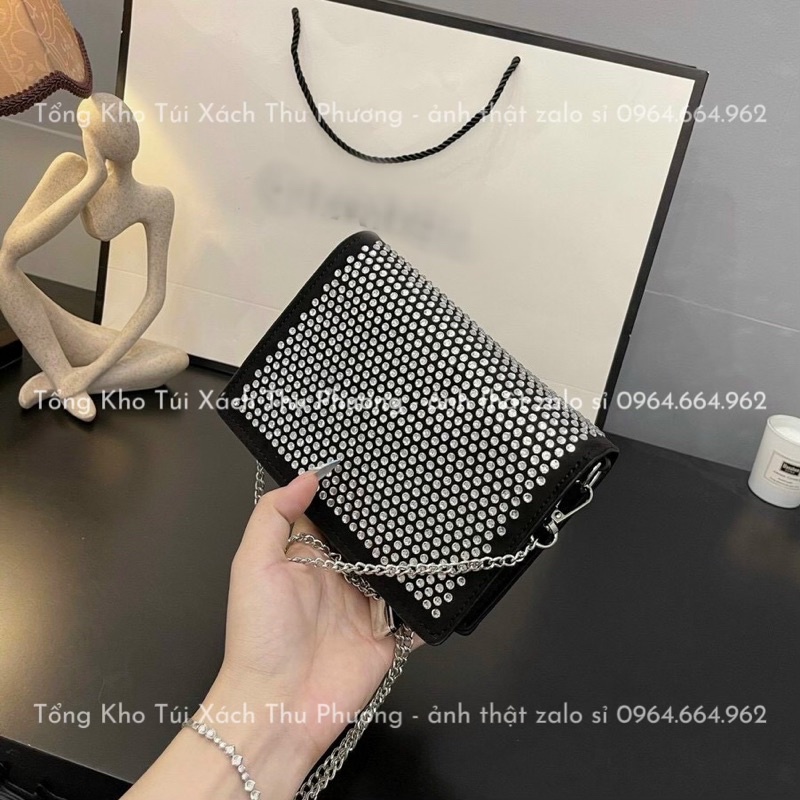 Túi đeo chéo nữ, Túi Pra.đà đính đá lấp lánh hàng loại 1 size 18 vừa điện thoại (fullbox - ảnh thật shop chụp)