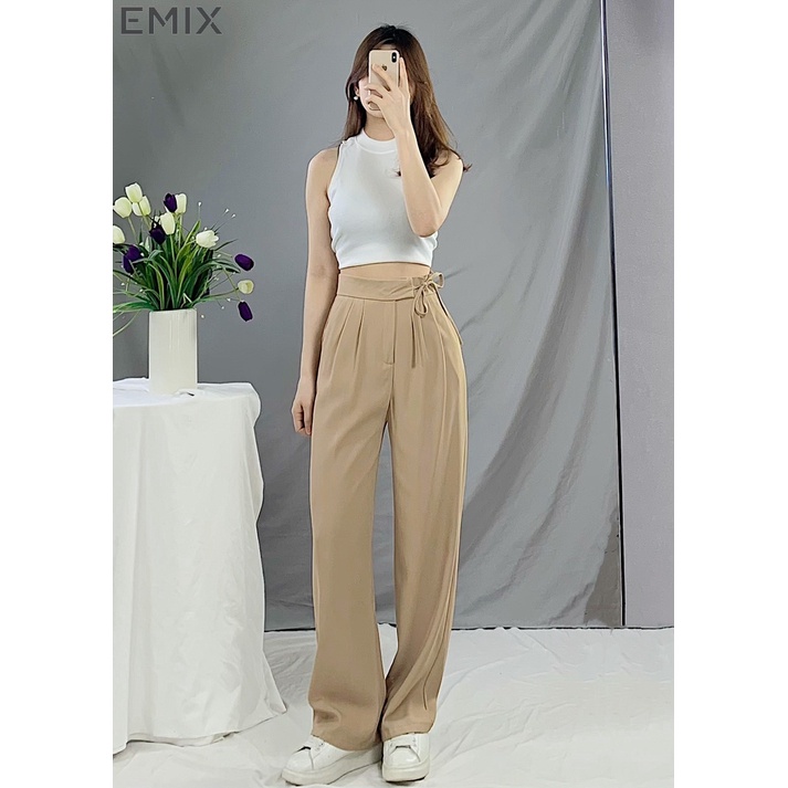 Quần vải xuông buộc dây EMIX (3 màu), basic trousers, dáng dài, cạp cao, ống suông, kèm dây đai, chất liệu tuytxi 534