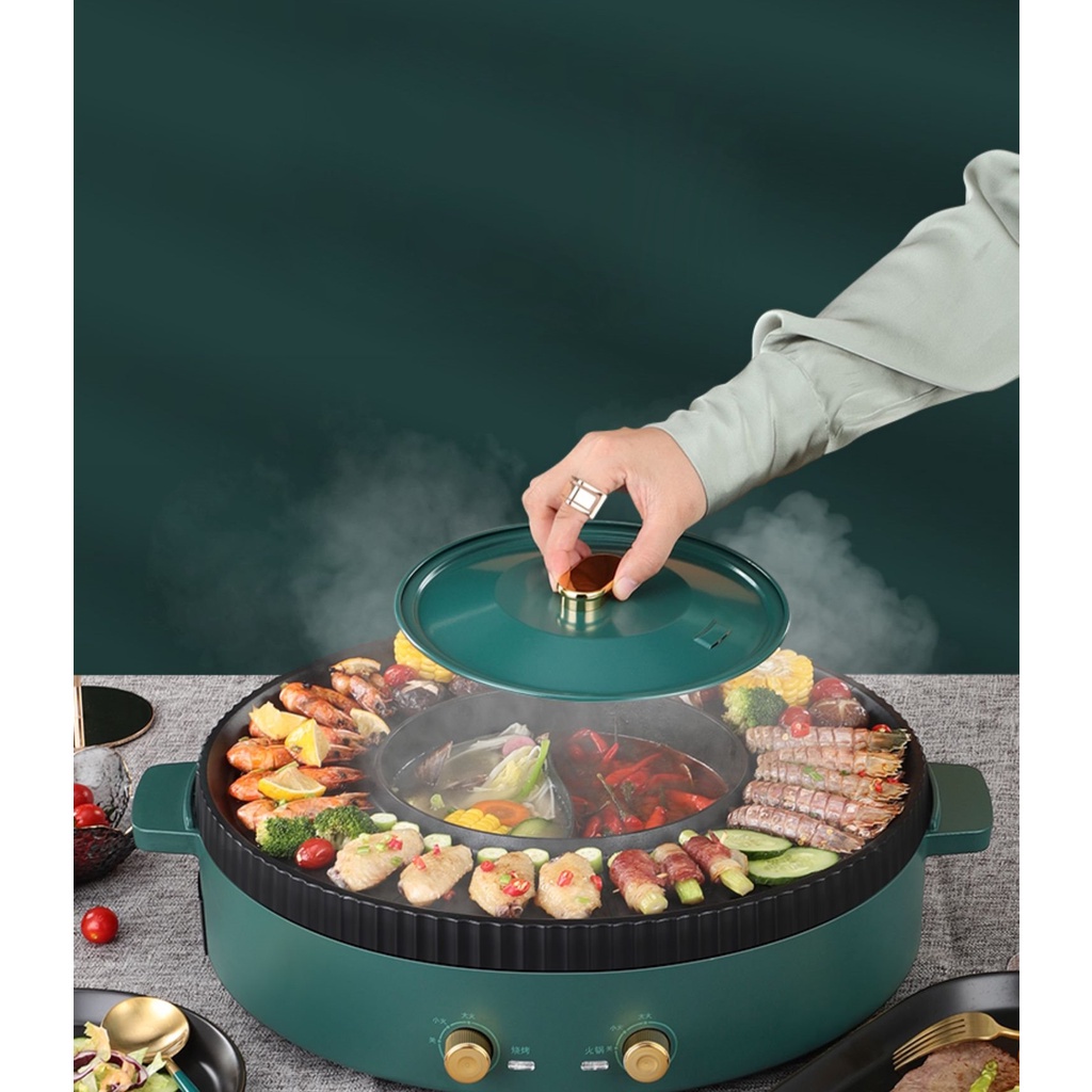 Nồi lẩu nướng đa năng BBQ 2 in 1 có 2 mâm nhiệt, công suất 1350w - bếp lẩu nướng điện đa năng - T2K Max