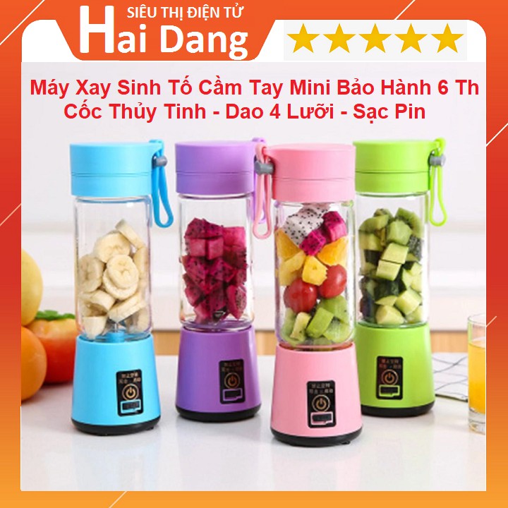 Máy Xay Sinh Tố Cầm Tay Mini, Cốc Xay Đựng Nước Ép Hoa Quả, Cốc Thủy Tinh Dao 4 Lưỡi, Sạc Pin - Bảo Hành 6 Tháng