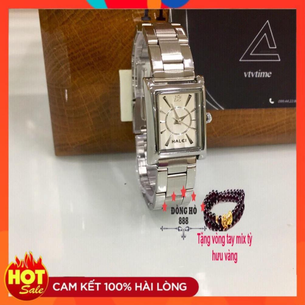 Đồng hồ nữ HALEI dây thép- TẶNG 1 vòng tỳ hưu - dây trắng mặt đen