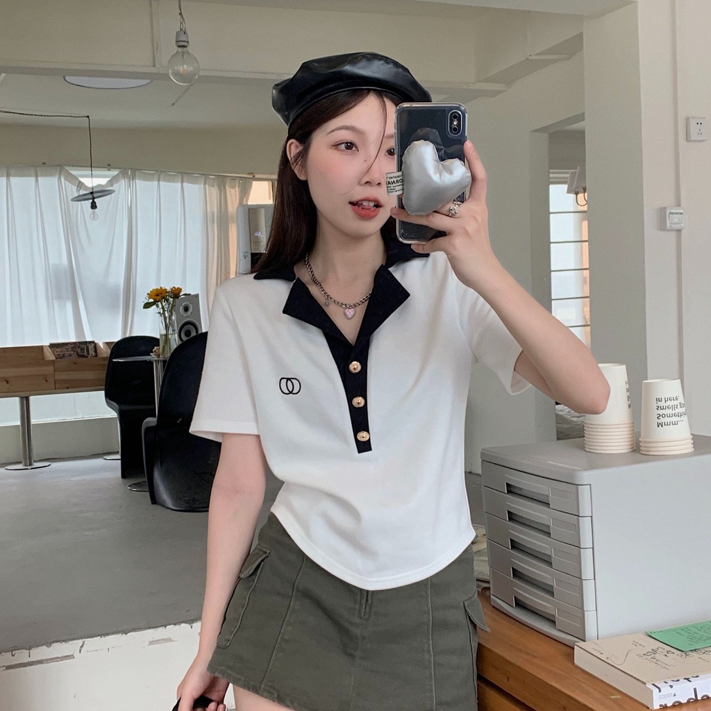 Áo thun ZHELIHANGFEI dệt kim cổ polo tay ngắn phong cách xinh xắn trẻ trung