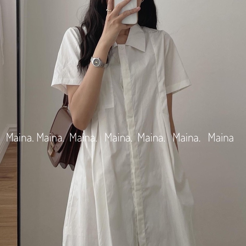 sẵn Váy polo túi ngực - Váy sơ mi basic hai màu trắng be
