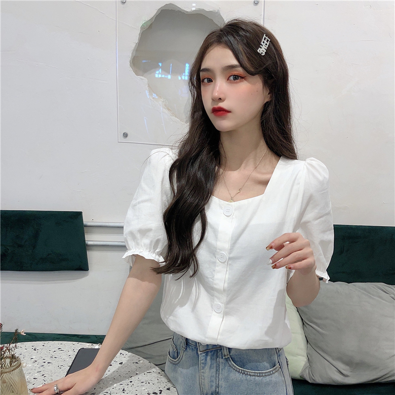 SUXI Áo tay ngắn cổ vuông thời trang Pháp đáng yêu cho nữ