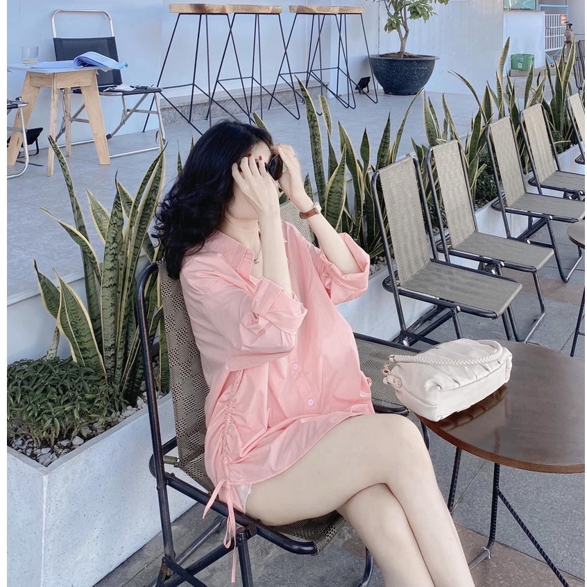 Áo sơ mi hồng rút eo cá tính áo sơ mi form rộng LD040