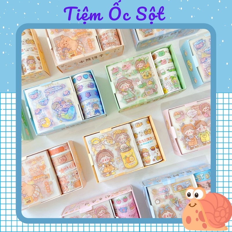 Set hộp 4 tấm sticker + 4 cuộn washi hoạ tiết dễ thương Tiệm Ốc Sột