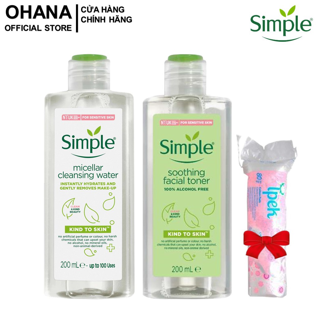 [TẶNG BÔNG] Combo 2 Sản Phẩm Simple (Nước Tẩy Trang Simple 200ml Và Nước Hoa Hồng Simple 200ml)