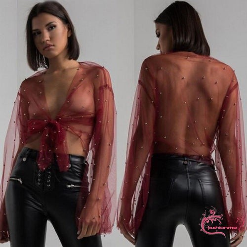 ღ𝓂ℰFashion Women Long Sleeve Shirt Casual Blouse Loose Mesh Sheer Tops T Shirt | BigBuy360 - bigbuy360.vn