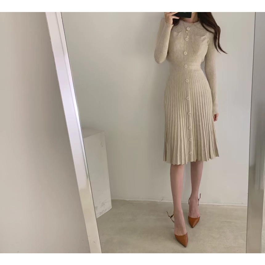 Đầm Nữ Dài Tay Cổ Tròn Xếp Ly Thời Trang Hàn