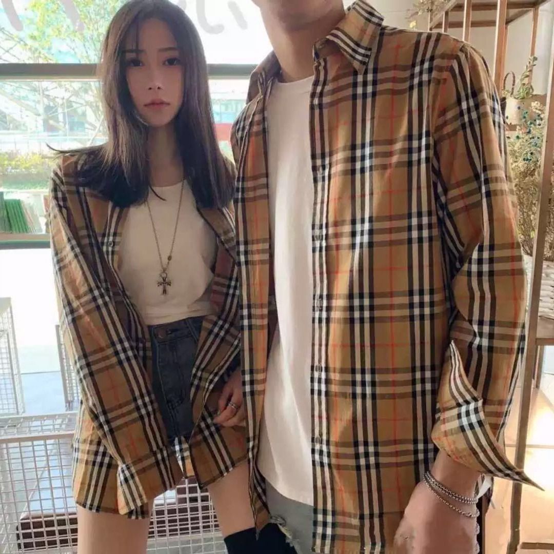 BURBERRY Áo Khoác Sơ Mi Tay Dài Kẻ Sọc Vuông Cổ Điển Cho Cặp Đôi