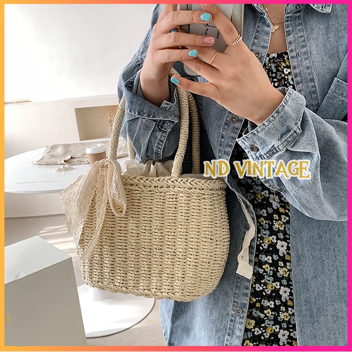 Túi Cói Đi Biển Xách Tay Vintage ( Có vải lót đẹp, có dây rút chắc chắn giữ đồ,) Tặng Kèm Nơ Xinh Xắn