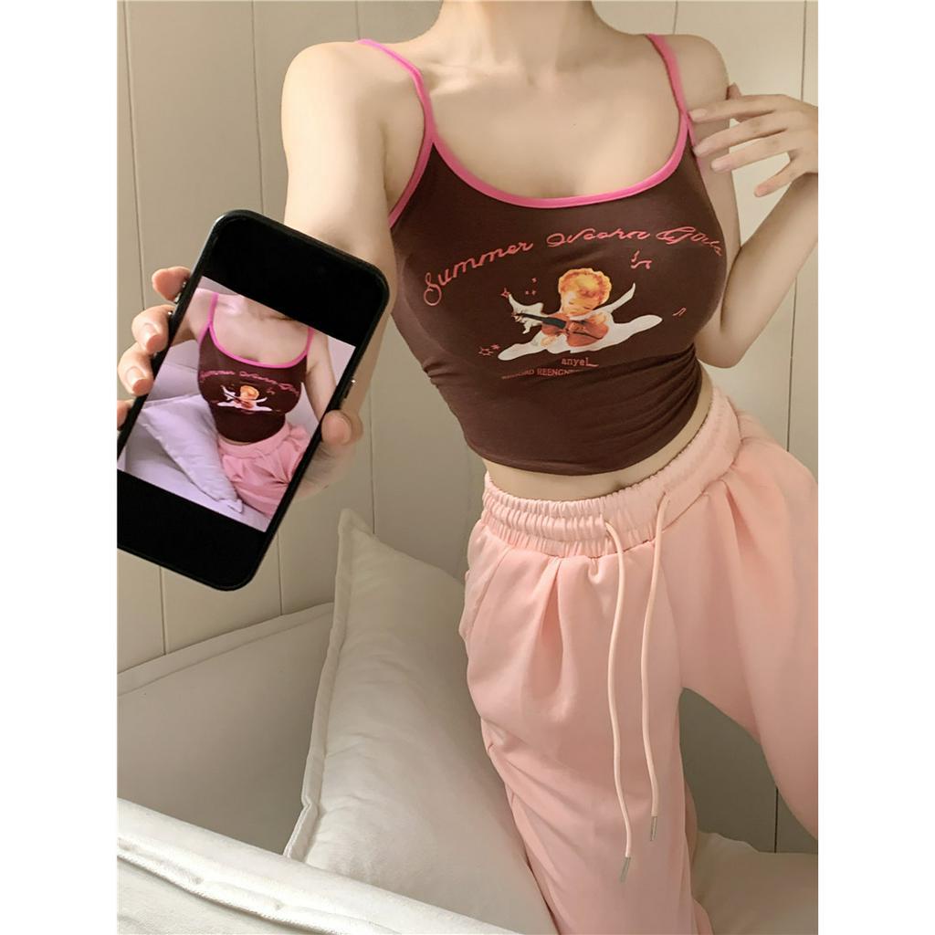 Cocory vn Áo Croptop Ôm Dáng Vừa Vặn Màu Khối In Hình Thiên Thần Thiết Kế Gợi Cảm Cho