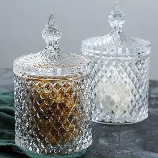 Hũ Thủy Tinh Kim Cương Để Đựng Nến, Gia Vị, Mứt Trang Trí 300ML Decor Phong Cách Hoàng Gia Châu Âu