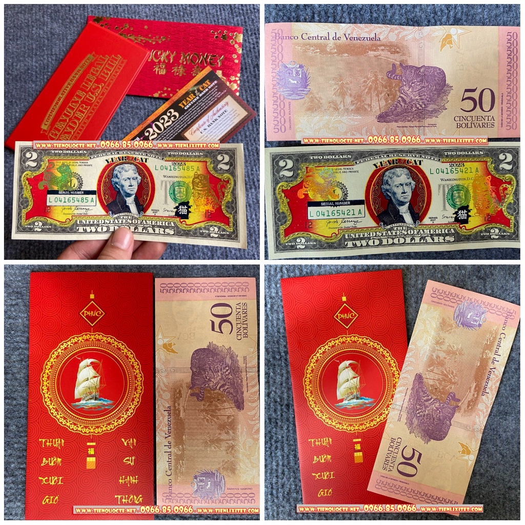 COMBO 2 món gồm 2 USD Hình Con mèo Mạ và.ng 2023 và tờ con mèo Venezuela May Mắn Tài Lộc, Quà tặng phong thủy Tết