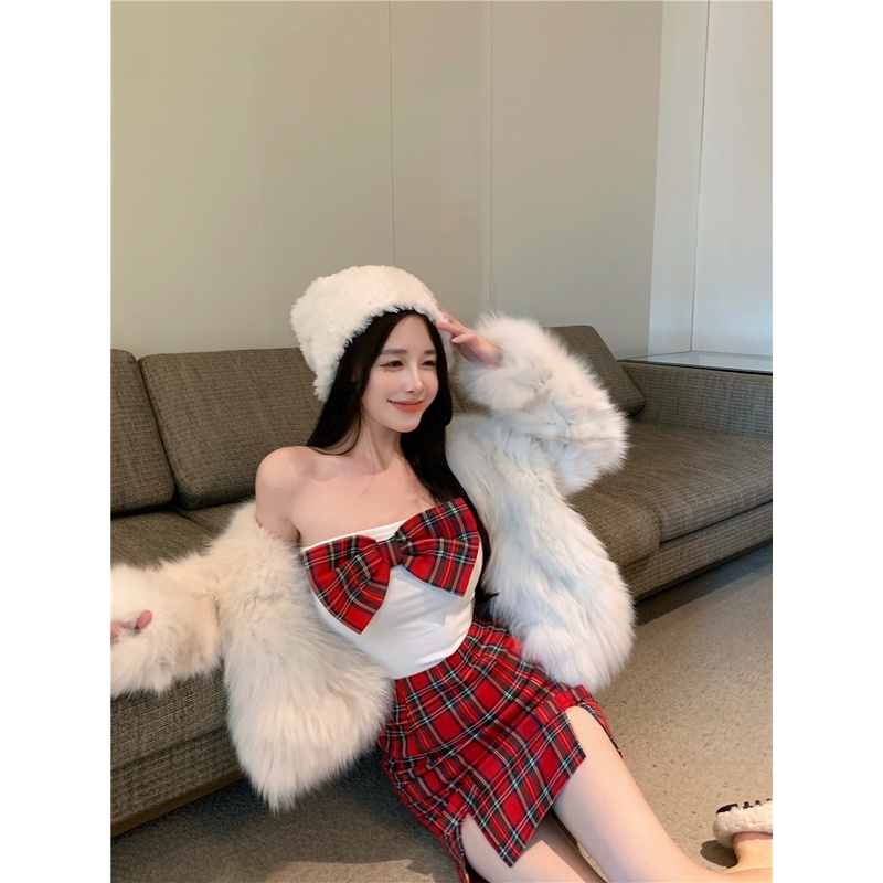 Set áo ống croptop trắng hở vai lưng ôm body nơ đỏ +váy ngắn lưng cao tôn dáng kẻ sọc caro đỏ sexy gợi cảm xẻ tà ulzzang