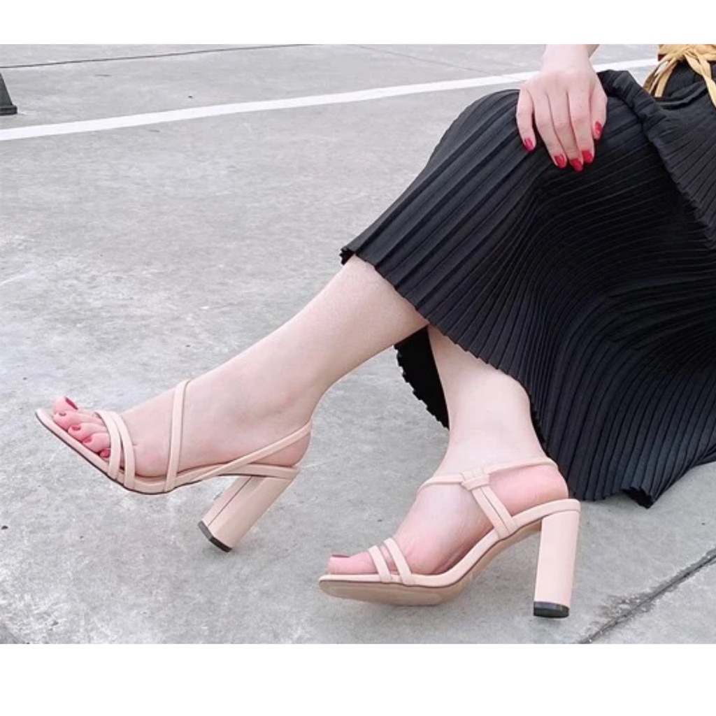 Giày Sandal cao gót dây rút ELENA HADU M785 gót to 8cm quai ngang da PU cao cấp