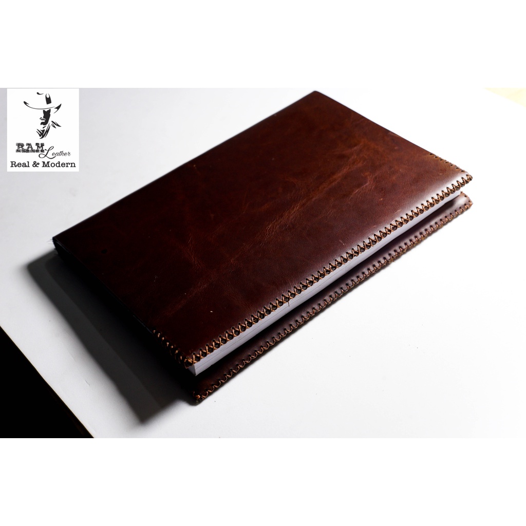 Sổ bọc da bò RAM Leather nâu đỏ may tay thủ công