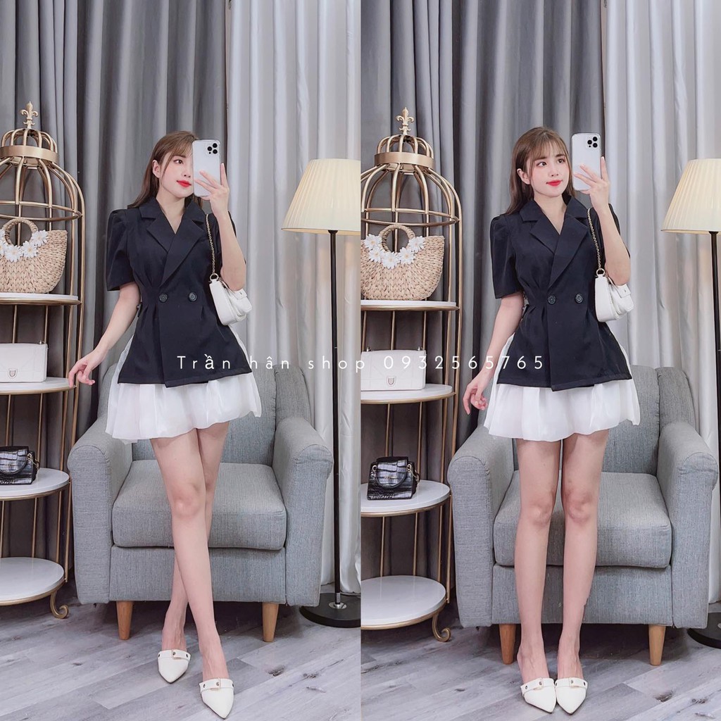 set bộ nữ (HÌNH THẬT SHOP CHỤP) áo vest tay phồng chít eo kèm chân váy ánh nhũ⚡4011391