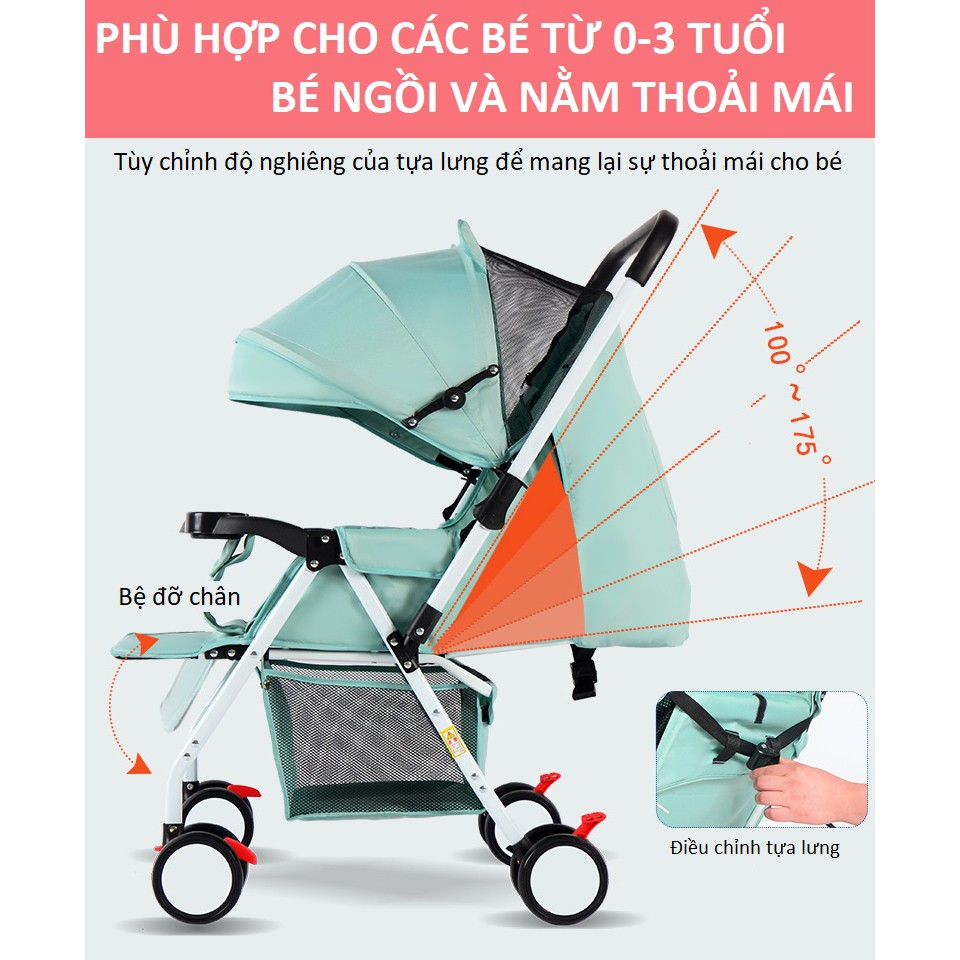 Xe đẩy hai chiều HaoWei bé nằm 3 tư thế có thế gấp gọn tiện lợi đi du lịch nhỏ nhẹ