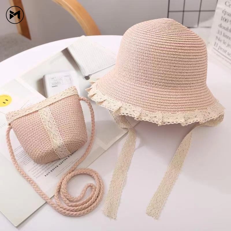 Set Túi Xách Và Nón Cói Thời Trang Đi Biển Xinh Xắn Dành Cho Bé Gái