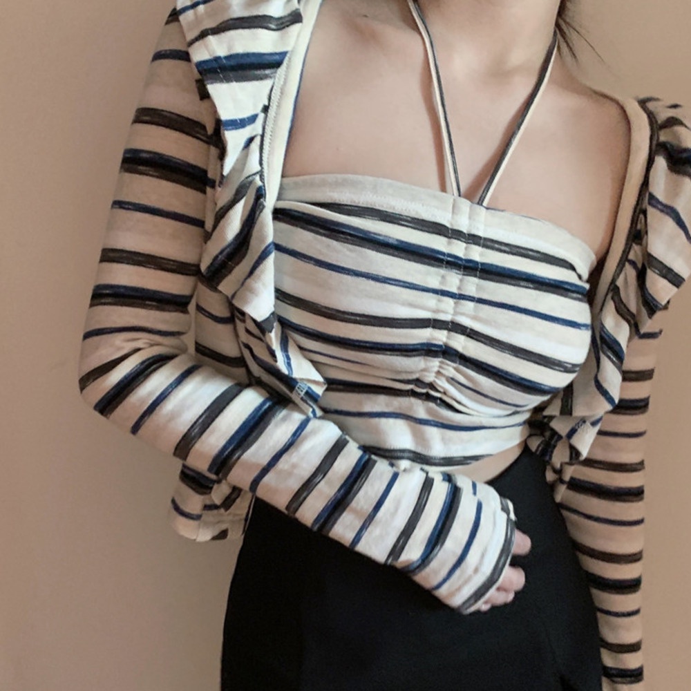 Áo cardigan ngắn tay dài kẻ sọc thiết kế