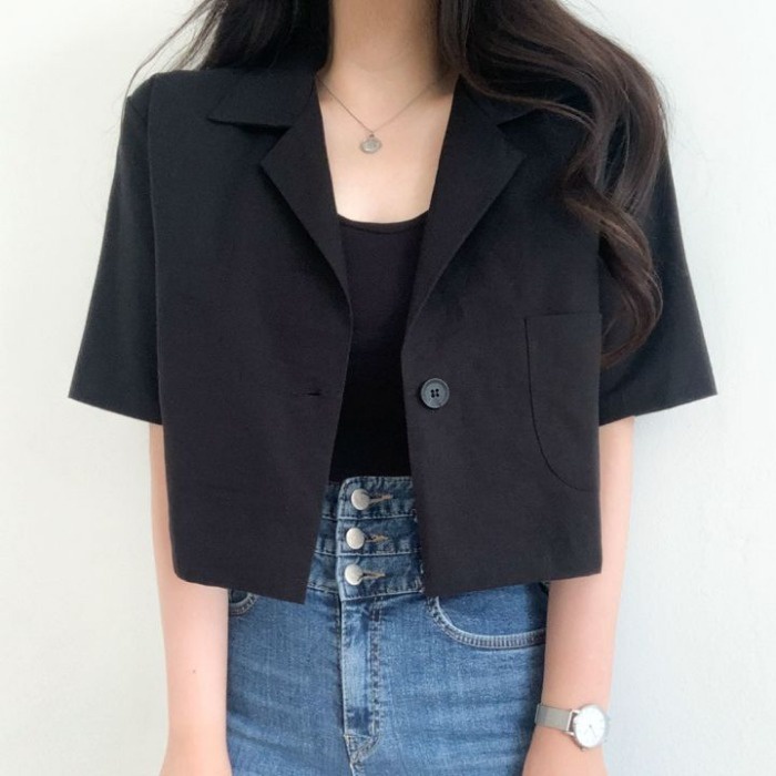 Áo khoác Blazer nữ 1 cúc Tay ngắn Thiết kế Hàn Quốc Blazer khoác lửng nữ Dáng ngắn Phong cách Retro Vintage Thời trang | BigBuy360 - bigbuy360.vn