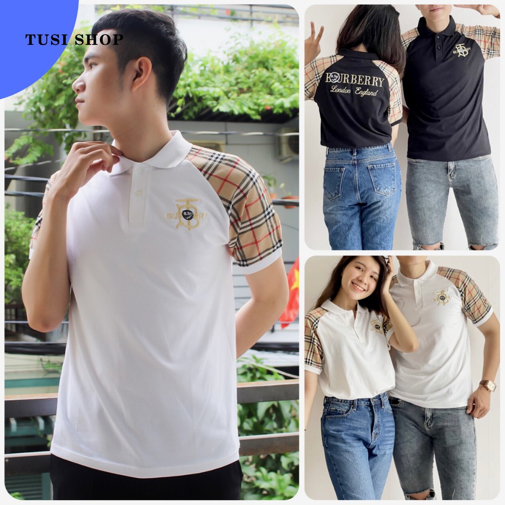 [SIÊU GIẢM GIÁ] Áo thun tay ngắn cổ trụ, áo cổ bẻ nam nữ thiêu chữ burberri