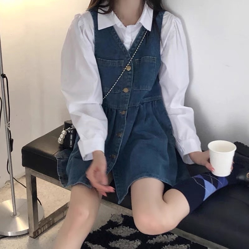 Set váy bò mix áo sơ mi năng động