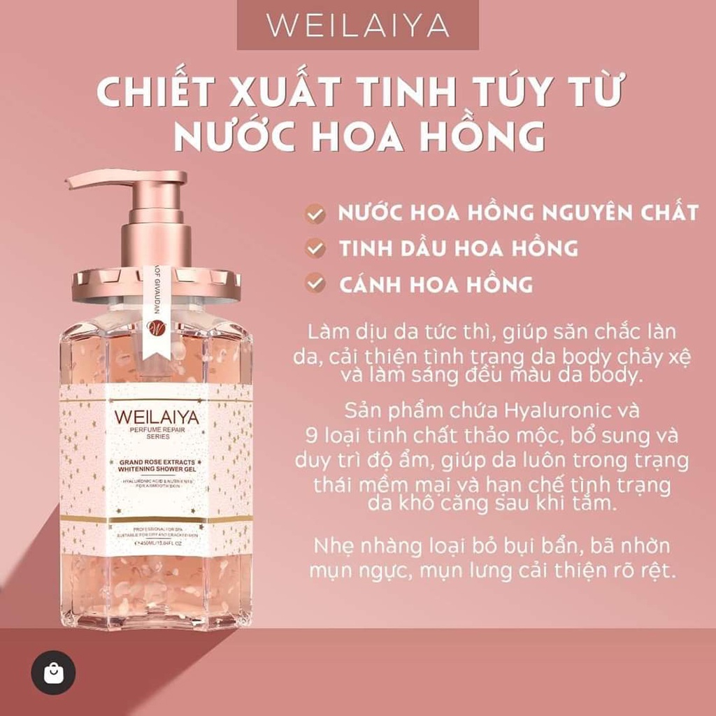 Sữa tắm trắng da cánh hoa hồng damask WEILAIYA grand rose extracts whitening shower gel 450ml