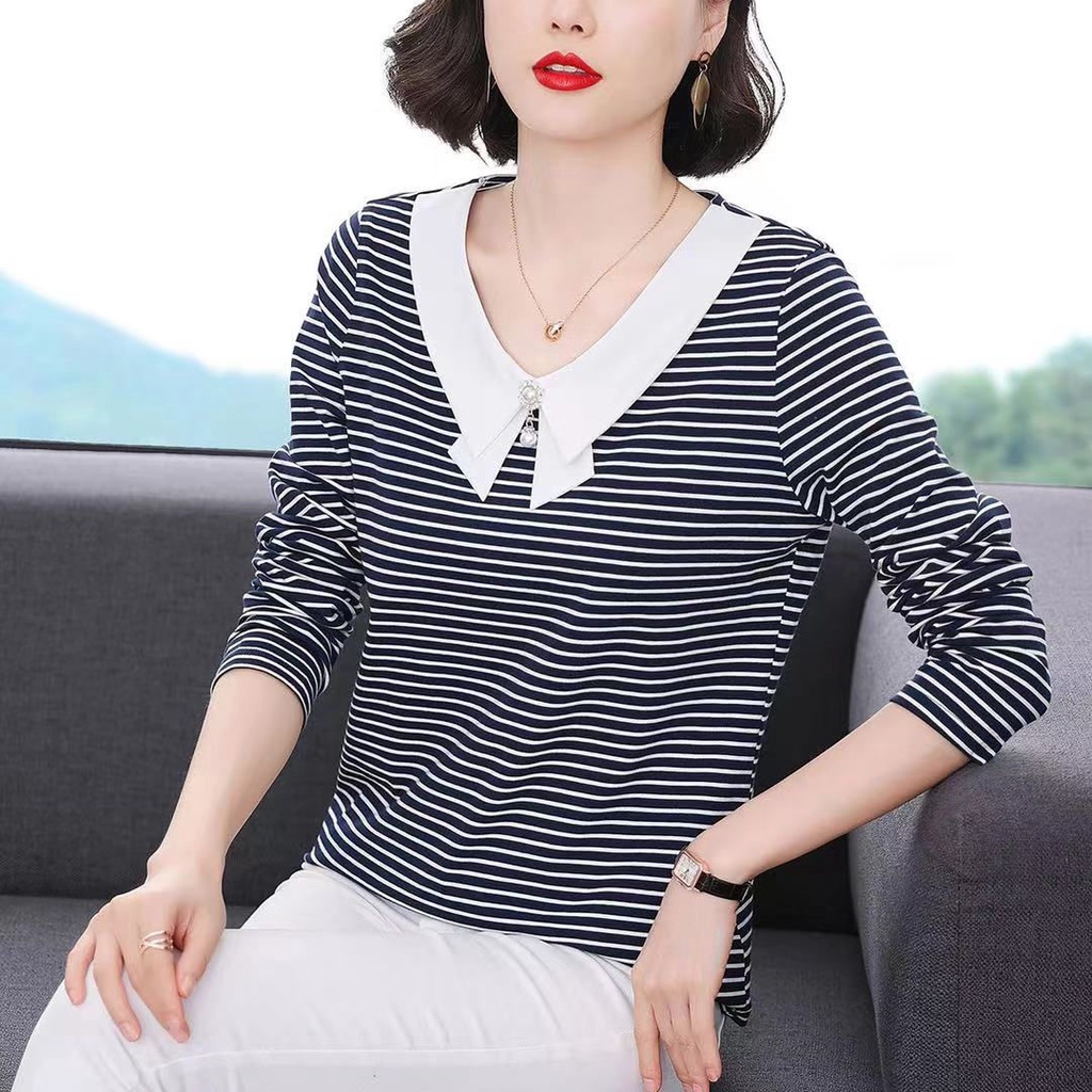 Áo thun tay dài dáng rộng họa tiết kẻ sọc thời trang cho phụ nữ trung niên