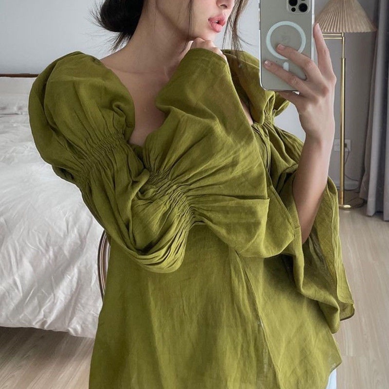 Áo Thun Tay Dài Thiết Kế Xếp Ly Thời Trang Hàn Quốc Cho Nữ