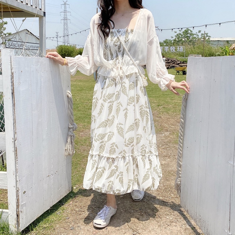 IELGY Bộ Áo chiffon + Đầm Hai Dây Dáng Ngắn Thời Trang Cho Nữ