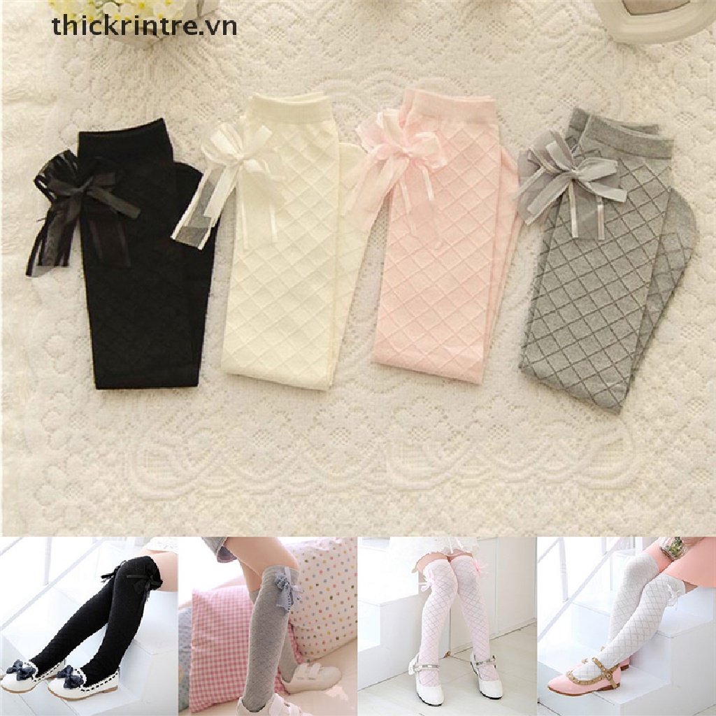 Đôi Tất Chân Cotton Cao Qua Gối Đính Nơ Dễ Thương Cho Bé Gái