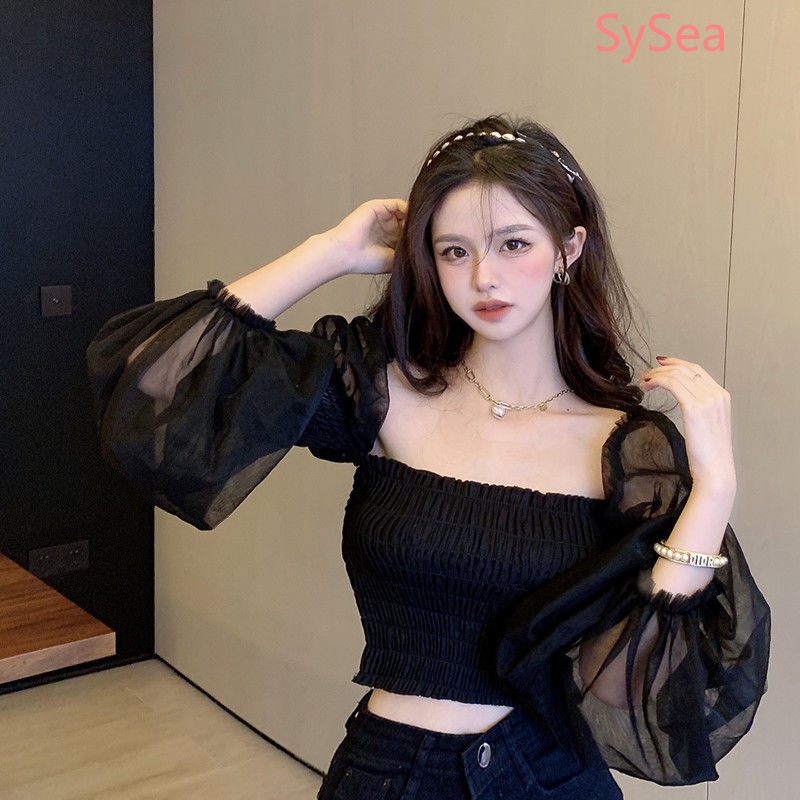 Áo Croptop Phối Lưới Xếp Ly Thời Trang Xuân Thu Phong Cách Hàn Quốc Cho Nữ