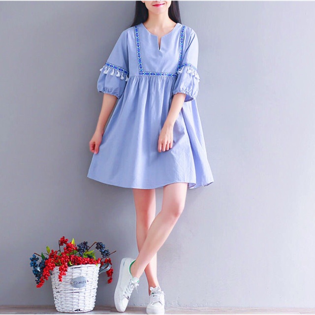 Đầm váy babydoll xanh thổ cẩm (kèm hình thật)