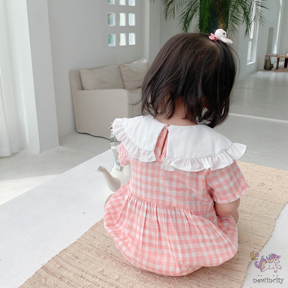 Bộ Áo Liền Quần Tay Ngắn Cổ Búp Bê Kèm Băng Đô Dễ Thương Cho Bé Gái