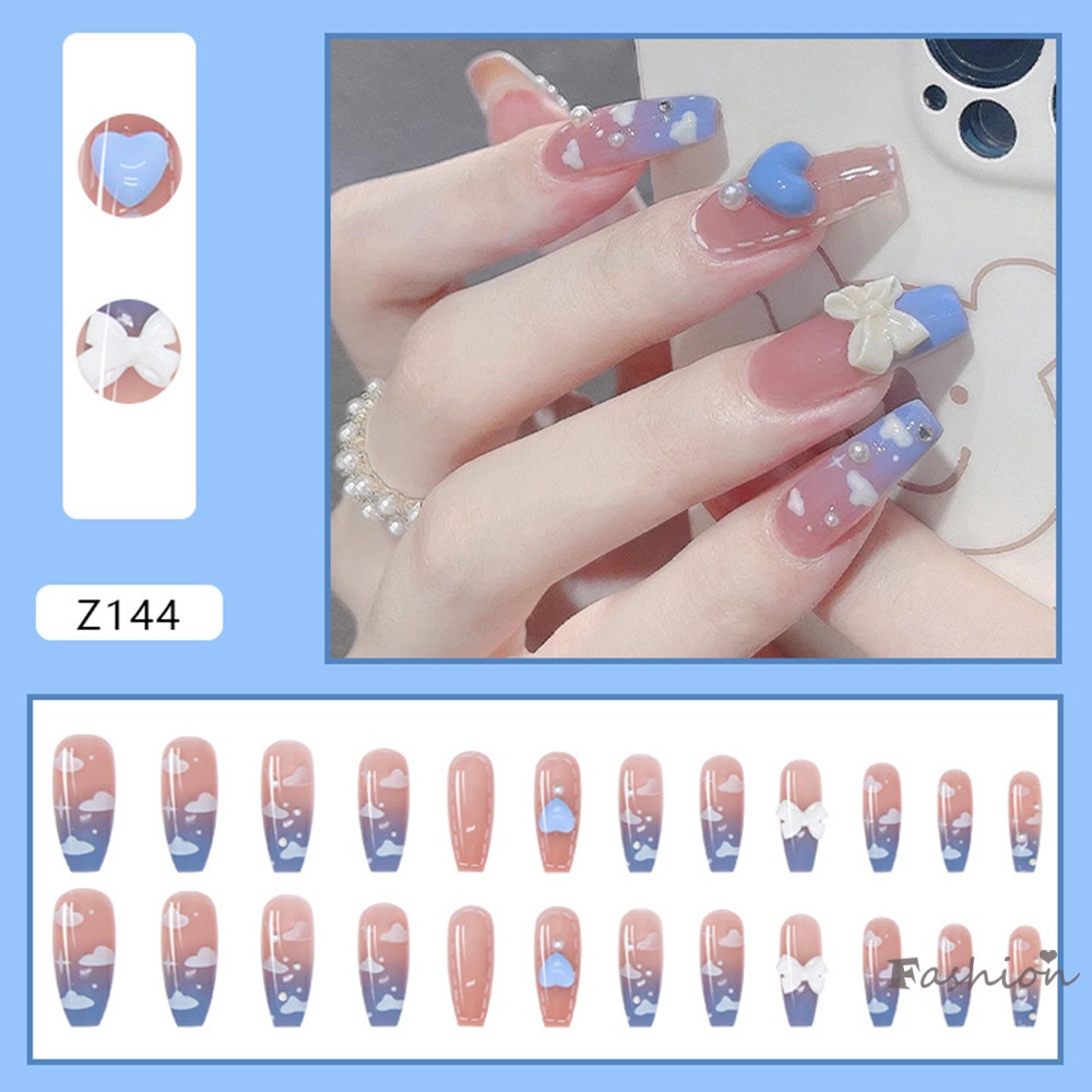 Bộ 24 Móng Tay Giả Dài Màu Xanh Gradient Sáng Bóng Có Thể Tháo Rời