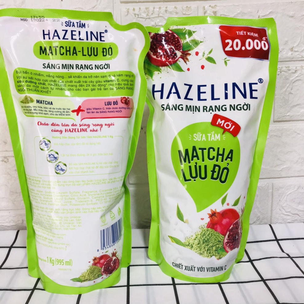Sữa tắm dưỡng da Hazeline sáng da Matcha lựu đỏ túi 1kg